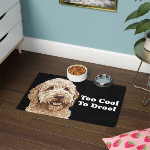 Too Cool to Drool Cream - Cream Colored Labradoodle Pet Food Mat with bowls