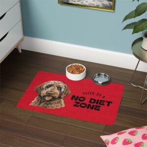 Loyal Dark Brown Labradoodle No Diet Zone Pet Food Mat - 12x18 Red Feeding Mat with bowls