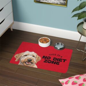 Handsome Fun Tan Labradoodle Dog Adorable Poodle Doodle No Diet Zone Pet Food Mat with bowls