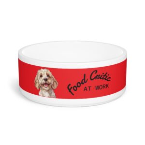 Adorable White Labradoodle Smiling Playful Poodle Doodle Food Critic Red Pet Bowl
