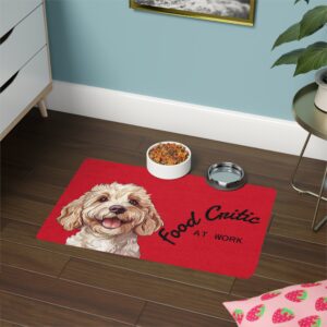 Adorable White Labradoodle Smiling Playful Poodle Doodle Food Critic at Work Pet Food Mat - 12x18 Red Feeding Mat with bowls