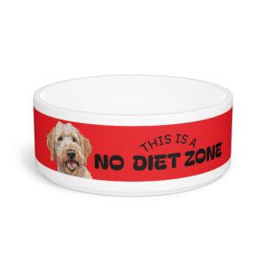 Funny Dog Bowl - 'No Diet Zone' Pet Bowl for Dogs - Handsome Fun Tan Labradoodle