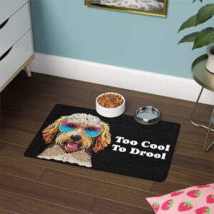 Too Cool To Drool Cream-Colored Labradoodle Wearing Sunglasses Poodle Doodles Pet Food Mat with bowls