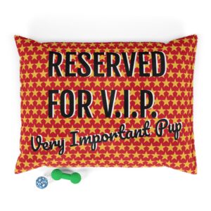 Reserved for VIP - Very Important Pup - Cozy Pet Bed with Poodle Doodle Wearing Sunglasses - Red with yellow stars