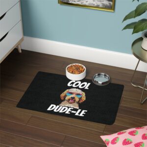 Poodle Doodles Pet Food Mat - Cool Doodle Dog with Sunglasses Design in use